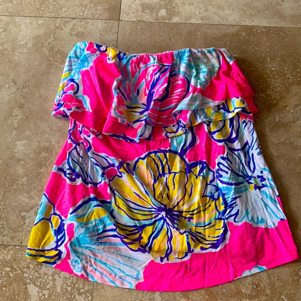 Lilly Pulitzer Pink Yellow Blue Floral Off-Shoulder Tunic